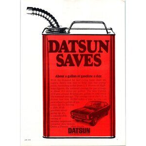 1973 Datsun 1200 Hatchback Gas Jerry Can Vintage Print Ad Fuel Crisis Wall Art